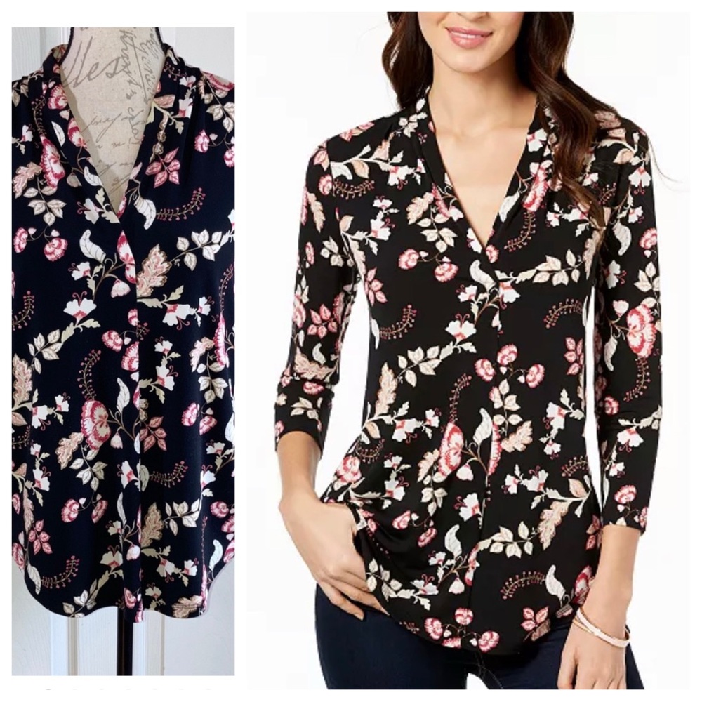 Dark Floral Stretch Blouse Top Petite Medium by Charter Club